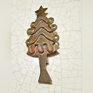 Vintage copper brass minimalist swirl chirstmas tree brooch and pendant!